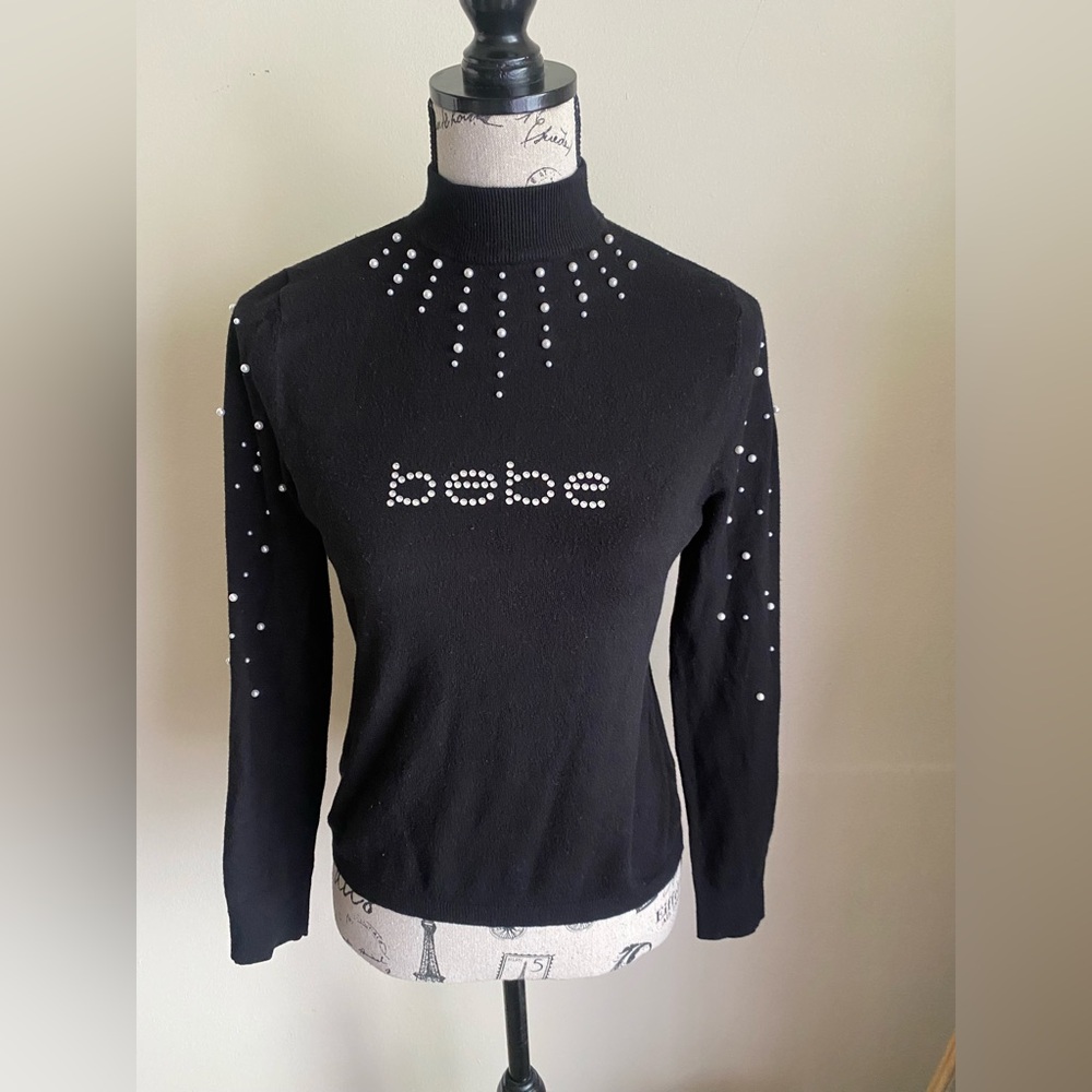 Bebe black logo faux pearl rhinestone embellished knit mock neck sweater